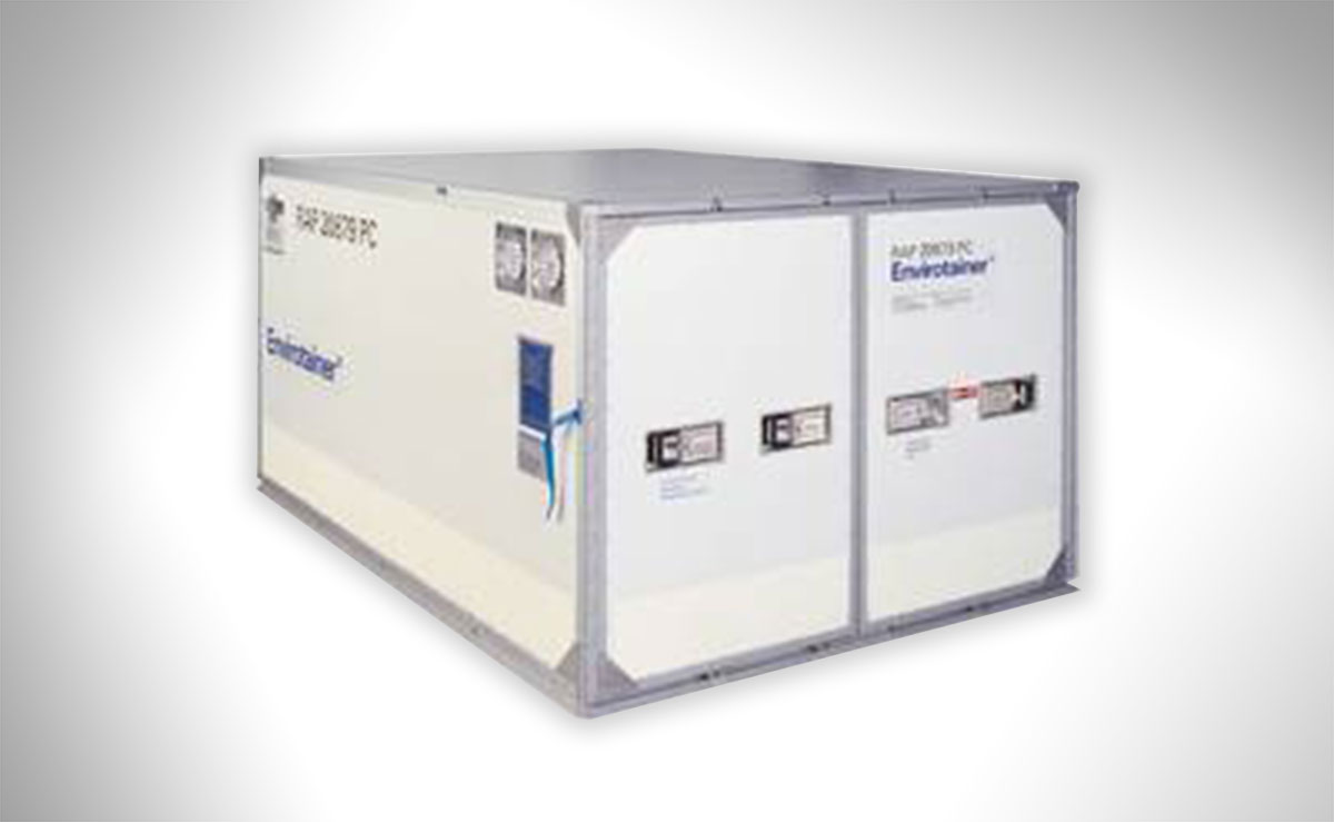 Envirotainer mit grauem Rahmen, zwei Türen und Kältefunktion, geeignet für temperaturgeführte Transporte.