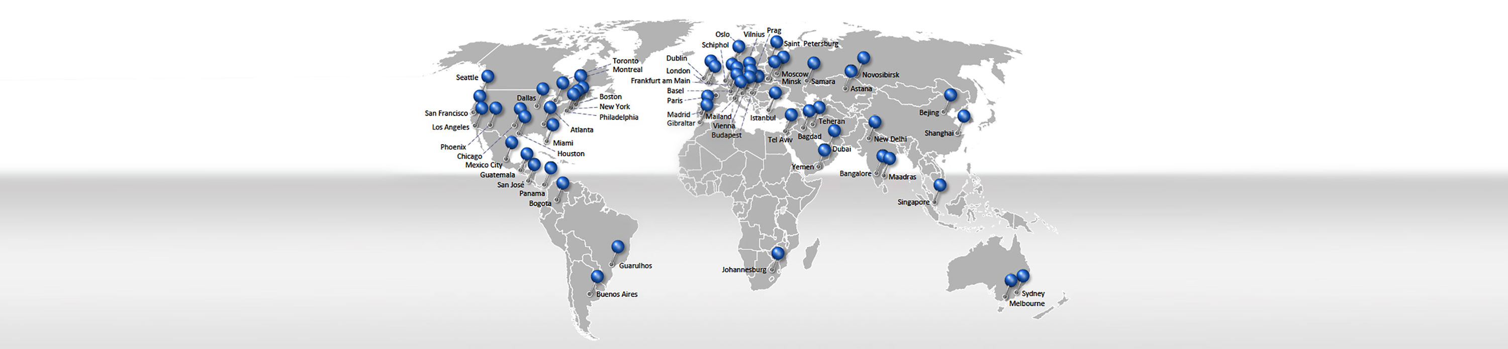 Weltkarte mit markierten Städten, darunter San Francisco, New York, London, Paris, Shanghai und Sydney, für globale Standorte.