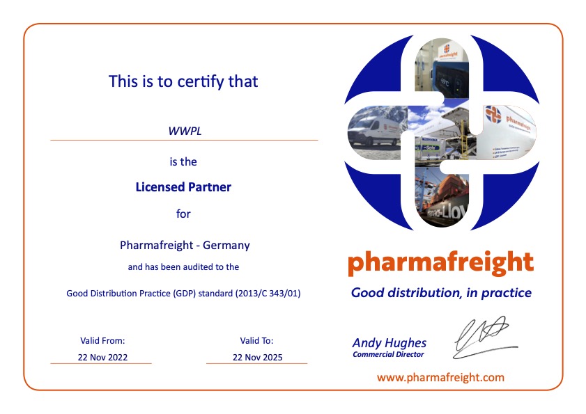 Zertifikat für WWPL als lizenzierten Partner von Pharmafreight Deutschland, gültig bis 22. November 2025.